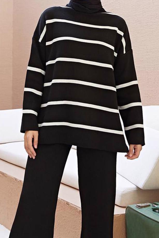 Vêtements hijab  STRIPE DETAIL 2-PIECE KNITWEAR PANTS SUIT 1204  - TRENDTESETTÜR