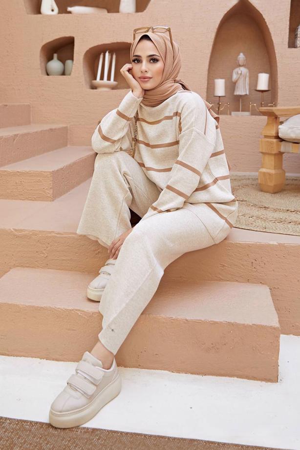 Vêtements hijab  STRIPE DETAIL 2-PIECE KNITWEAR PANTS SUIT 1204  - TRENDTESETTÜR