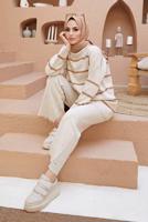 Vêtements hijab BEIGE COSTUME PANTALON EN MAILLE 2 PIÈCES À RAYURES 1204