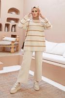 Vêtements hijab BEIGE COSTUME PANTALON EN MAILLE 2 PIÈCES À RAYURES 1204