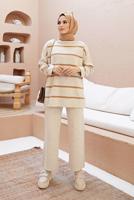Vêtements hijab BEIGE COSTUME PANTALON EN MAILLE 2 PIÈCES À RAYURES 1204