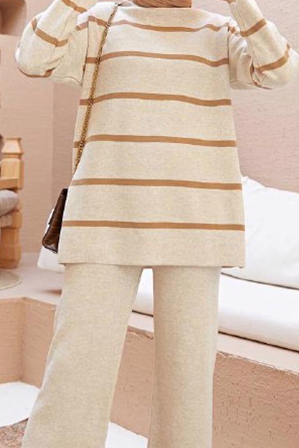 Vêtements hijab  STRIPE DETAIL 2-PIECE KNITWEAR PANTS SUIT 1204  - TRENDTESETTÜR