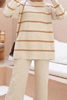 Vêtements hijab BEIGE COSTUME PANTALON EN MAILLE 2 PIÈCES À RAYURES 1204