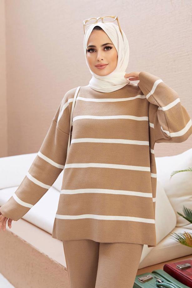 Vêtements hijab  STRIPE DETAIL 2-PIECE KNITWEAR PANTS SUIT 1204  - TRENDTESETTÜR