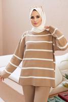 Vêtements hijab BRUN COSTUME PANTALON EN MAILLE 2 PIÈCES À RAYURES 1204