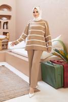 Vêtements hijab BRUN COSTUME PANTALON EN MAILLE 2 PIÈCES À RAYURES 1204