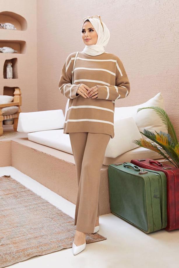 Vêtements hijab  STRIPE DETAIL 2-PIECE KNITWEAR PANTS SUIT 1204  - TRENDTESETTÜR