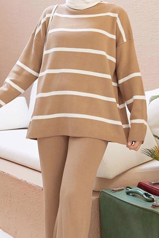 Vêtements hijab  STRIPE DETAIL 2-PIECE KNITWEAR PANTS SUIT 1204  - TRENDTESETTÜR