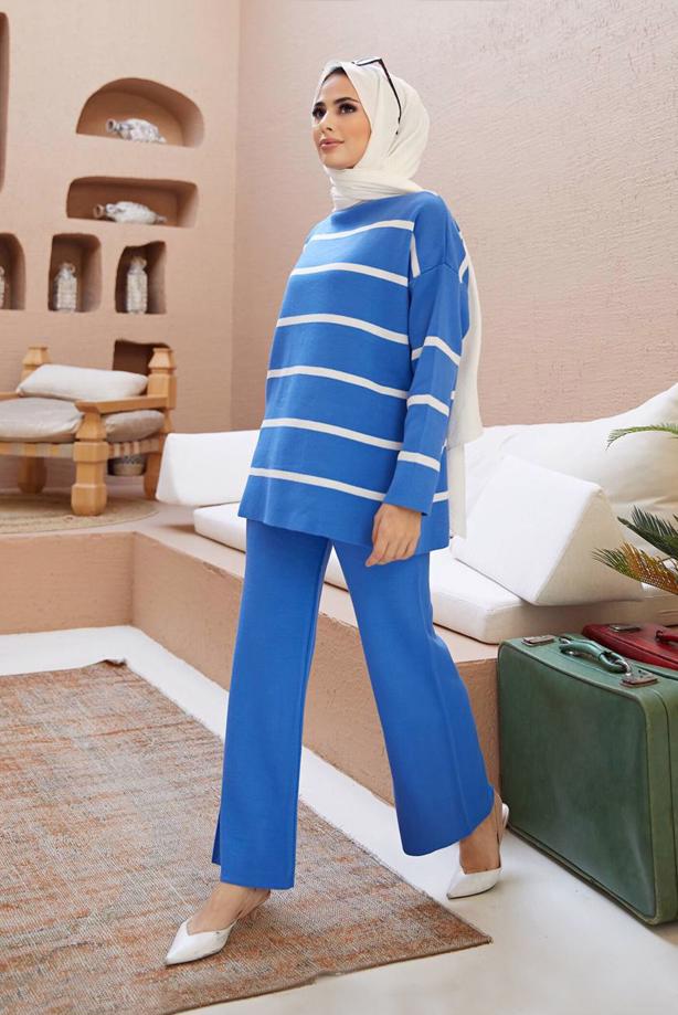 Vêtements hijab BLEU COSTUME PANTALON EN MAILLE 2 PIÈCES À RAYURES 1204 - TRENDTESETTÜR