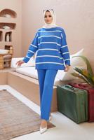 Vêtements hijab BLEU COSTUME PANTALON EN MAILLE 2 PIÈCES À RAYURES 1204