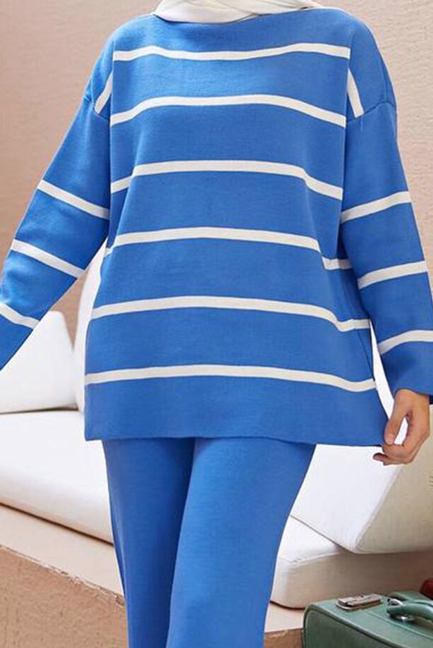 Vêtements hijab BLEU COSTUME PANTALON EN MAILLE 2 PIÈCES À RAYURES 1204 - TRENDTESETTÜR