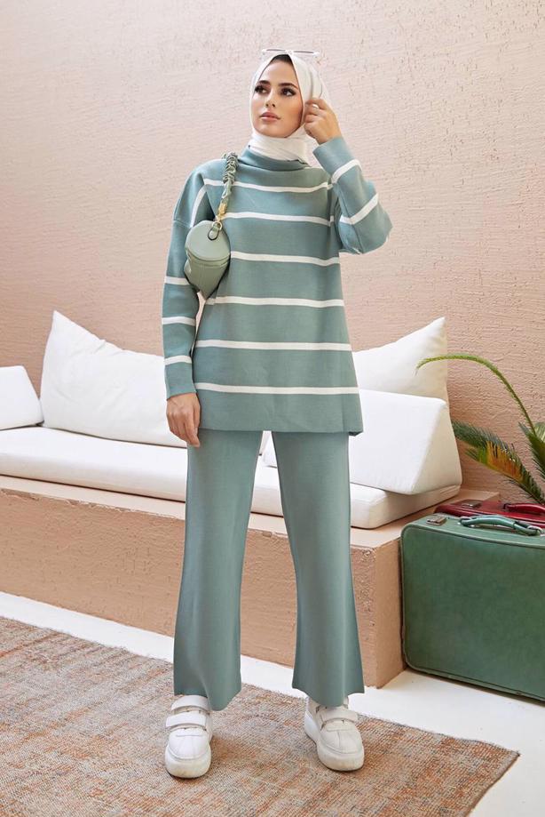 Vêtements hijab  STRIPE DETAIL 2-PIECE KNITWEAR PANTS SUIT 1204  - TRENDTESETTÜR