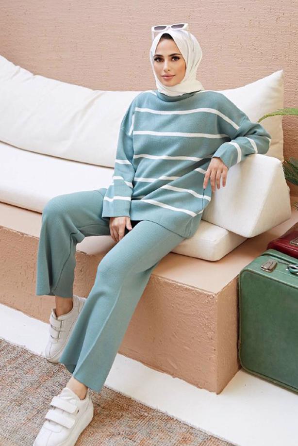 Vêtements hijab  STRIPE DETAIL 2-PIECE KNITWEAR PANTS SUIT 1204  - TRENDTESETTÜR
