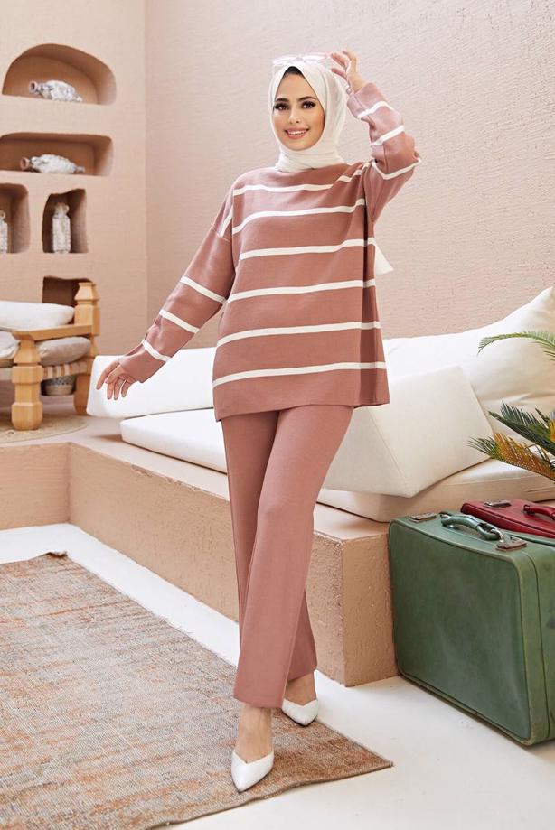 Vêtements hijab  STRIPE DETAIL 2-PIECE KNITWEAR PANTS SUIT 1204  - TRENDTESETTÜR