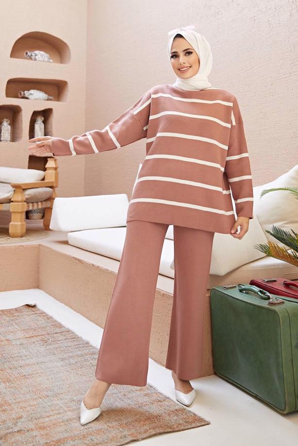 Vêtements hijab  STRIPE DETAIL 2-PIECE KNITWEAR PANTS SUIT 1204  - TRENDTESETTÜR