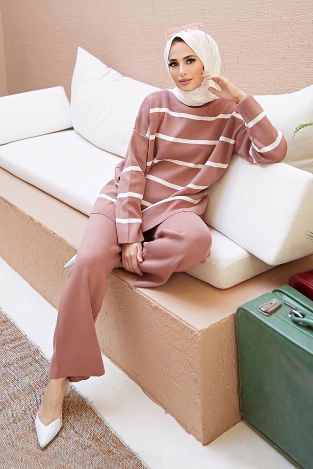 Vêtements hijab  STRIPE DETAIL 2-PIECE KNITWEAR PANTS SUIT 1204  - TRENDTESETTÜR