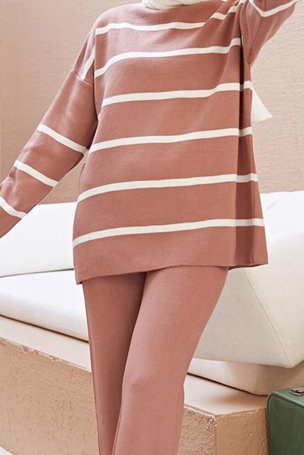 Vêtements hijab  STRIPE DETAIL 2-PIECE KNITWEAR PANTS SUIT 1204  - TRENDTESETTÜR