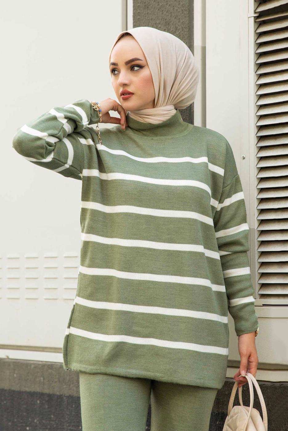 Vêtements hijab VERT COSTUME PANTALON EN MAILLE 2 PIÈCES À RAYURES 1204