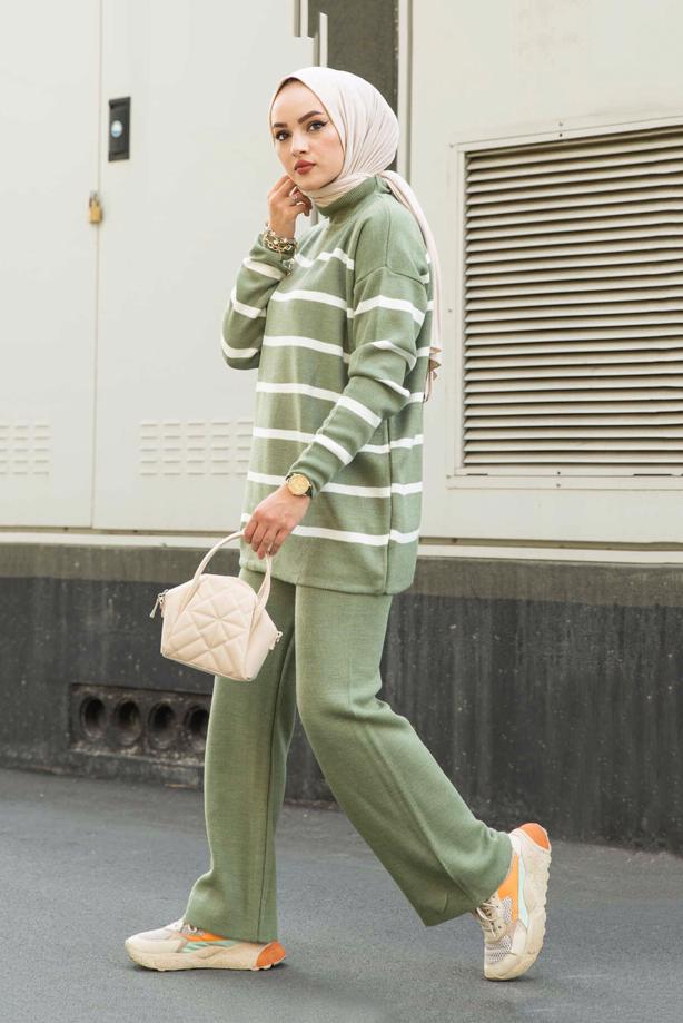 Vêtements hijab  STRIPE DETAIL 2-PIECE KNITWEAR PANTS SUIT 1204  - TRENDTESETTÜR