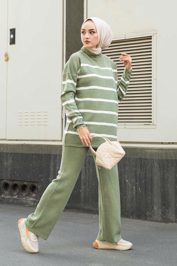 Vêtements hijab  STRIPE DETAIL 2-PIECE KNITWEAR PANTS SUIT 1204  - TRENDTESETTÜR