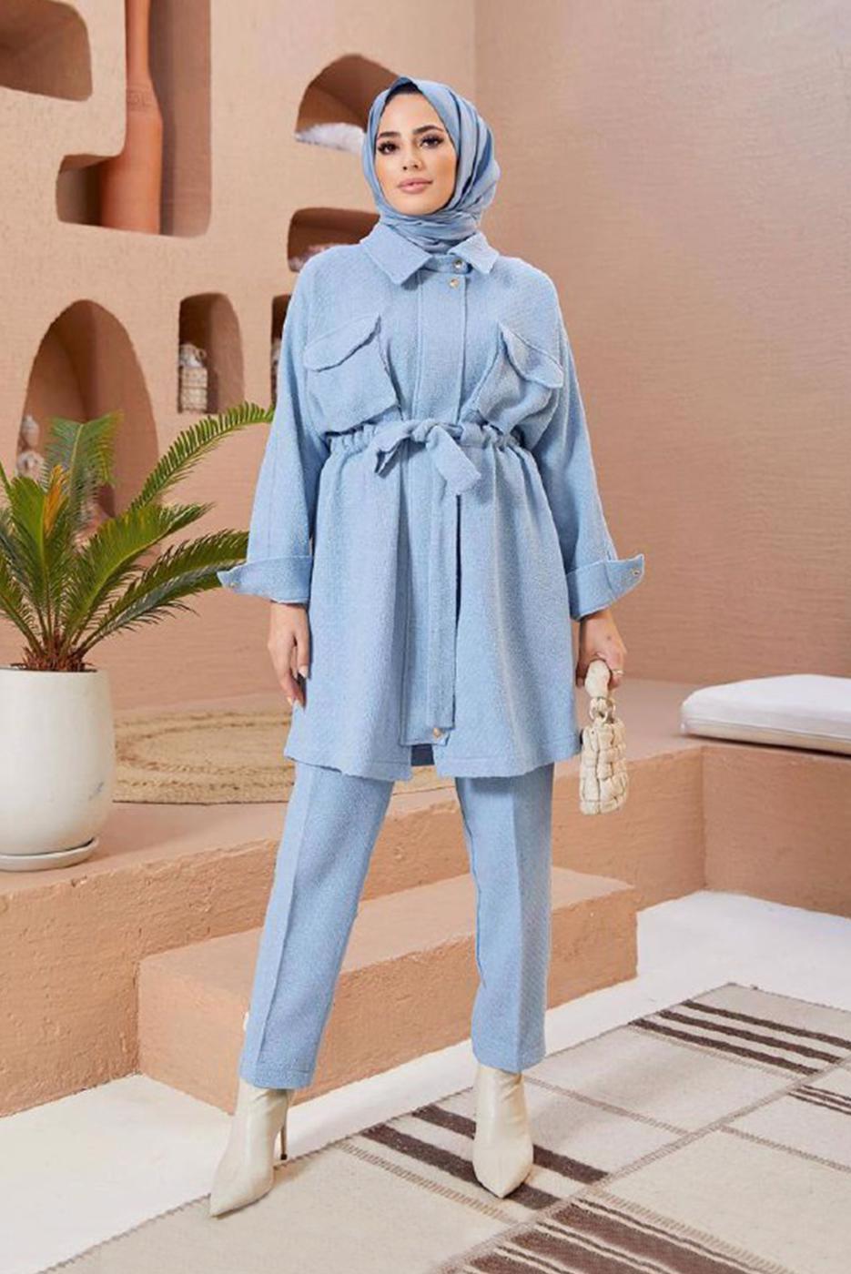 Tesettür giyim MAVİ BELİ BÜZGÜLÜ CEP DETAYLI PANTOLONLU TAKIM 1420 