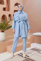 Tesettür giyim MAVİ BELİ BÜZGÜLÜ CEP DETAYLI PANTOLONLU TAKIM 1420 
