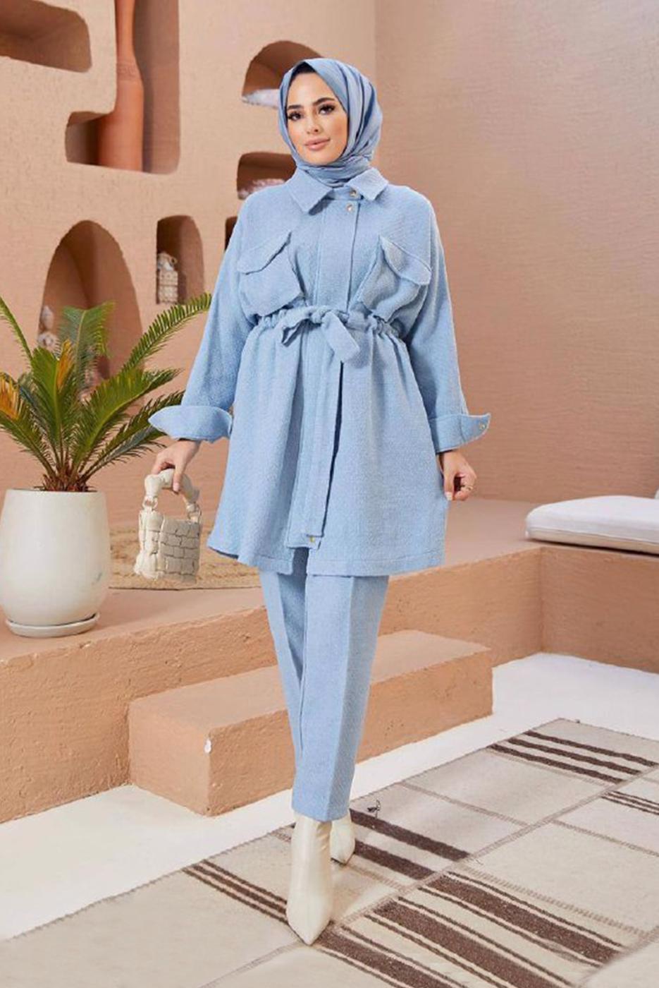 Tesettür giyim MAVİ BELİ BÜZGÜLÜ CEP DETAYLI PANTOLONLU TAKIM 1420 