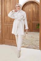 Tesettür giyim EKRU BELİ BÜZGÜLÜ CEP DETAYLI PANTOLONLU TAKIM 1420 