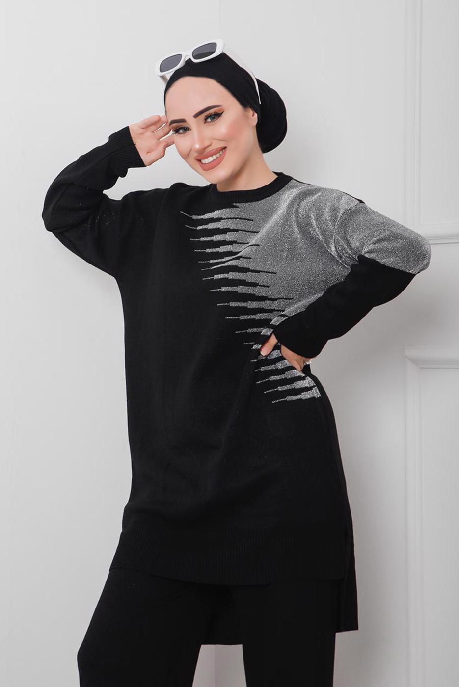 Tesettür giyim SİYAH DESENLİ 2&prime;Lİ TRİKO PANT. TAKIM 1712 