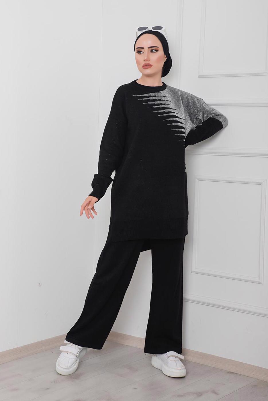 Tesettür giyim SİYAH DESENLİ 2&prime;Lİ TRİKO PANT. TAKIM 1712 