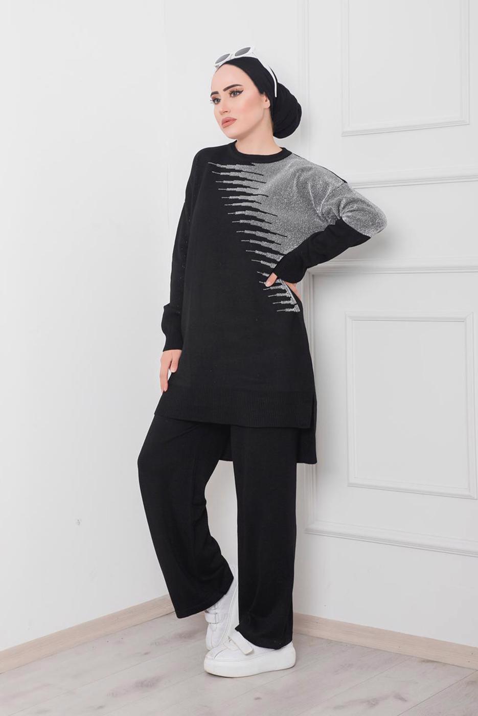 Tesettür giyim SİYAH DESENLİ 2&prime;Lİ TRİKO PANT. TAKIM 1712 