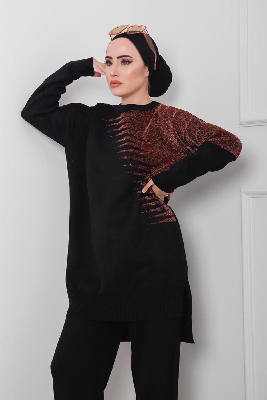 Tesettür giyim SİYAH DESENLİ 2&prime;Lİ TRİKO PANT. TAKIM 1712 