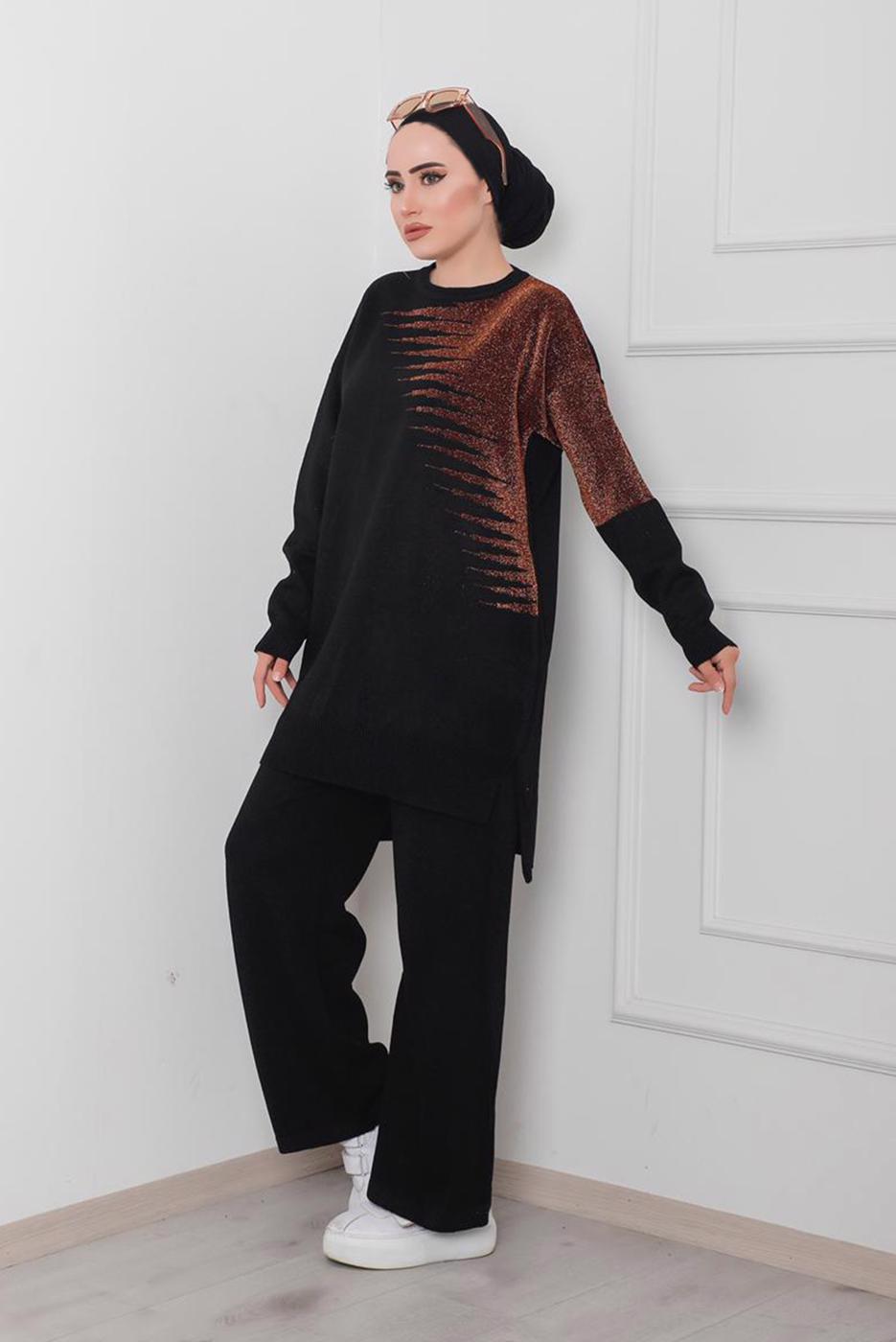 Tesettür giyim SİYAH DESENLİ 2&prime;Lİ TRİKO PANT. TAKIM 1712 