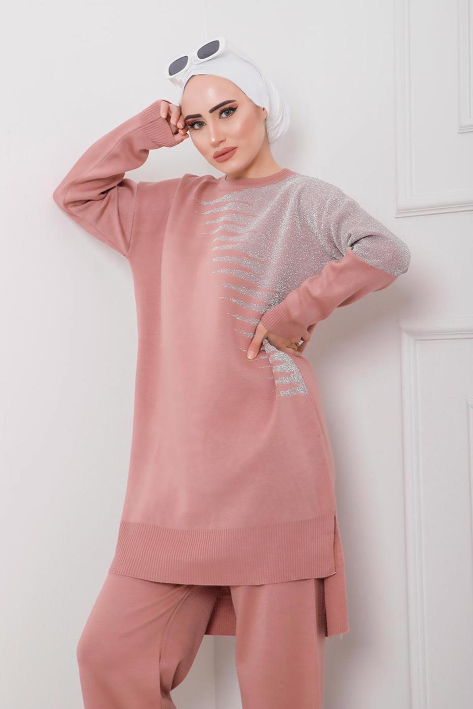 Tesettür giyim PUDRA DESENLİ 2&prime;Lİ TRİKO PANT. TAKIM 1712 