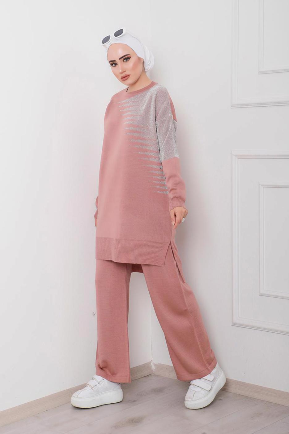 Tesettür giyim PUDRA DESENLİ 2&prime;Lİ TRİKO PANT. TAKIM 1712 