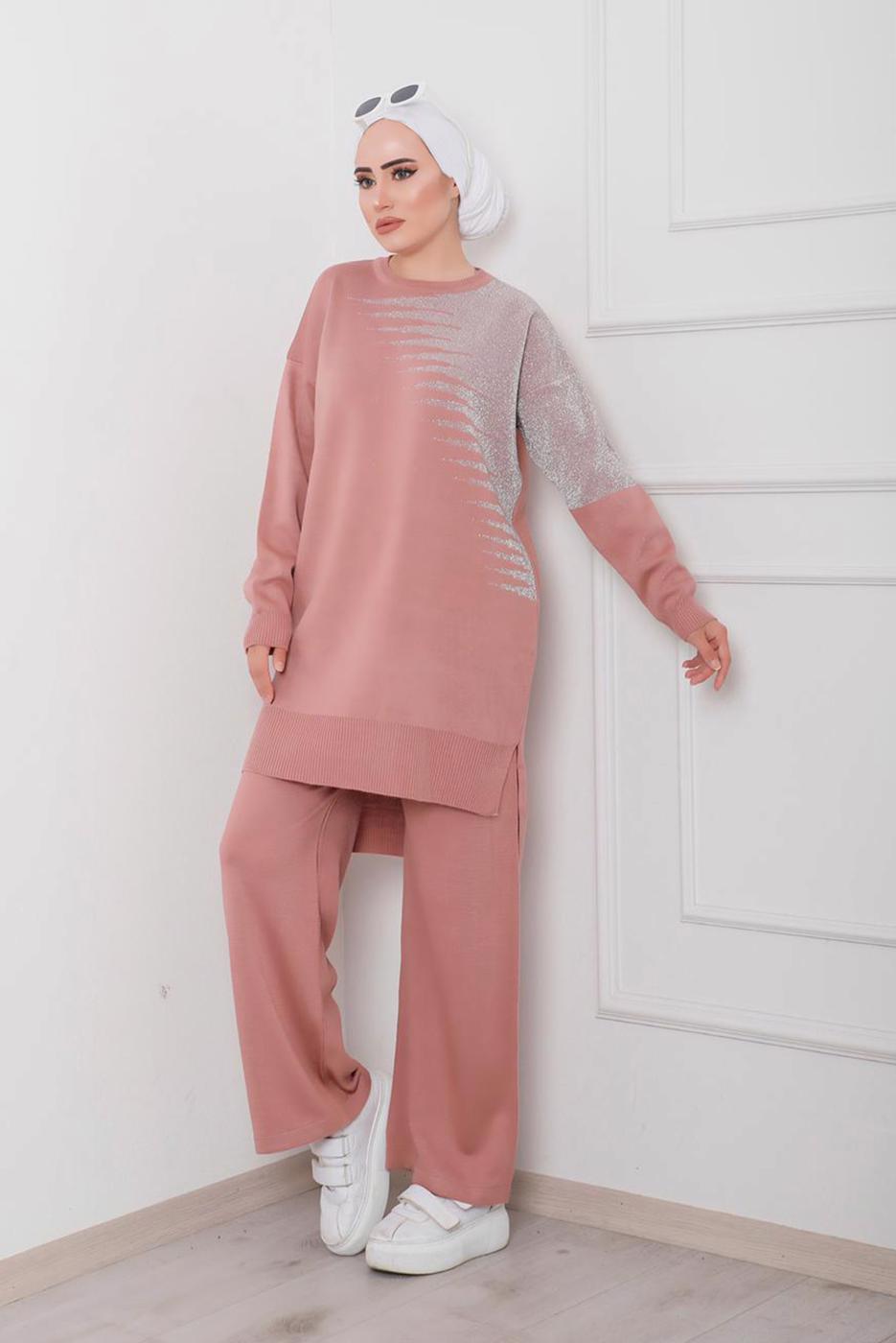 Tesettür giyim PUDRA DESENLİ 2&prime;Lİ TRİKO PANT. TAKIM 1712 