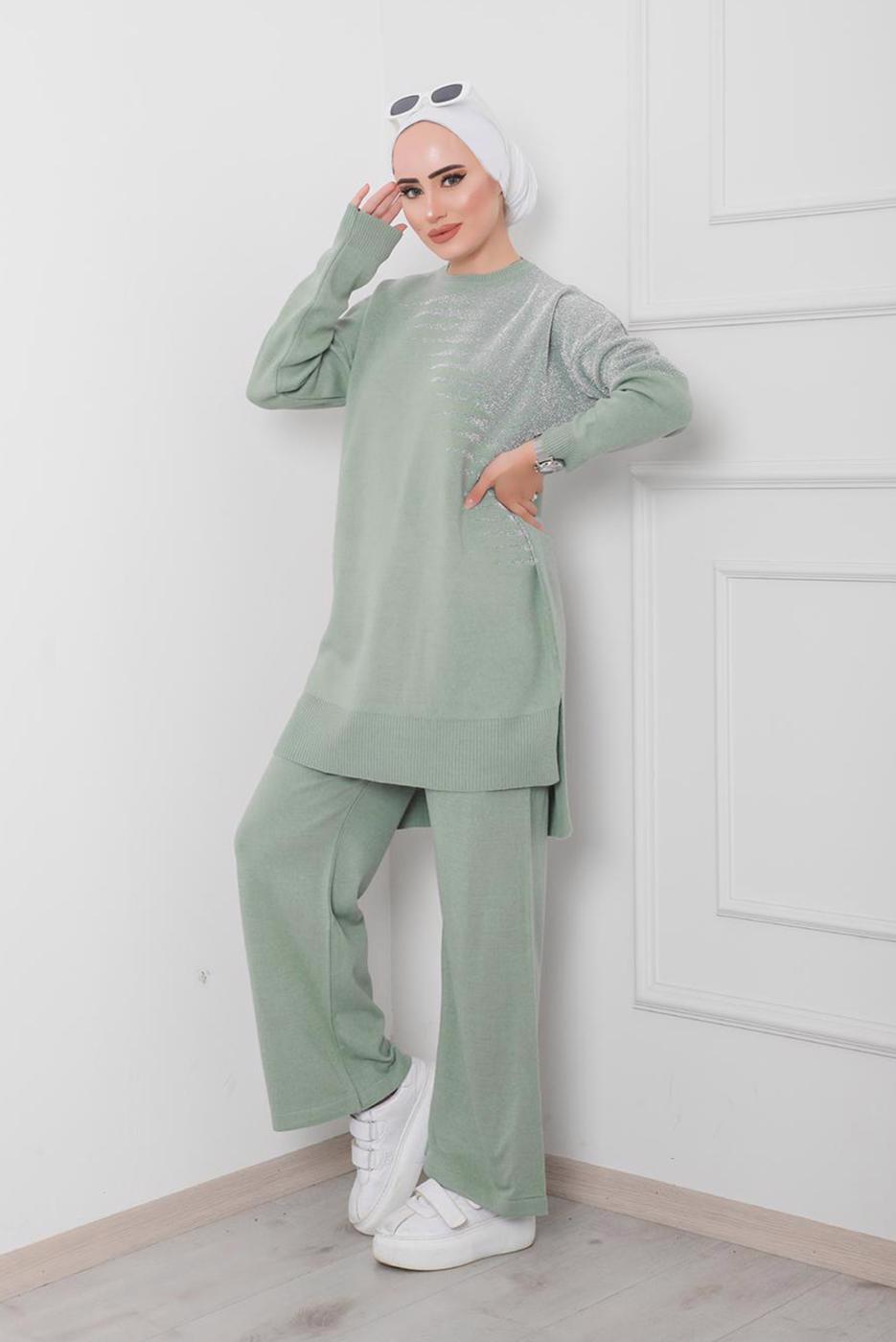 Tesettür giyim YEŞİL DESENLİ 2&prime;Lİ TRİKO PANT. TAKIM 1712 