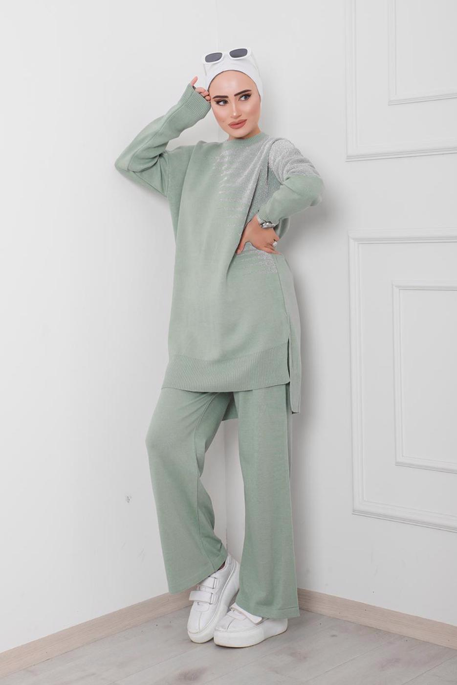 Tesettür giyim YEŞİL DESENLİ 2&prime;Lİ TRİKO PANT. TAKIM 1712 