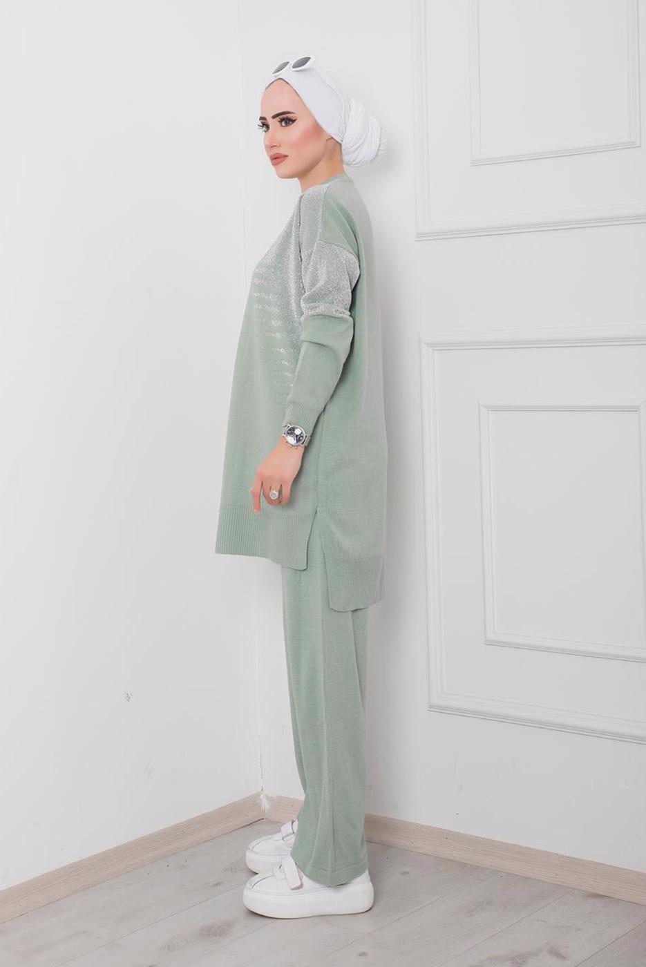 Tesettür giyim YEŞİL DESENLİ 2&prime;Lİ TRİKO PANT. TAKIM 1712 