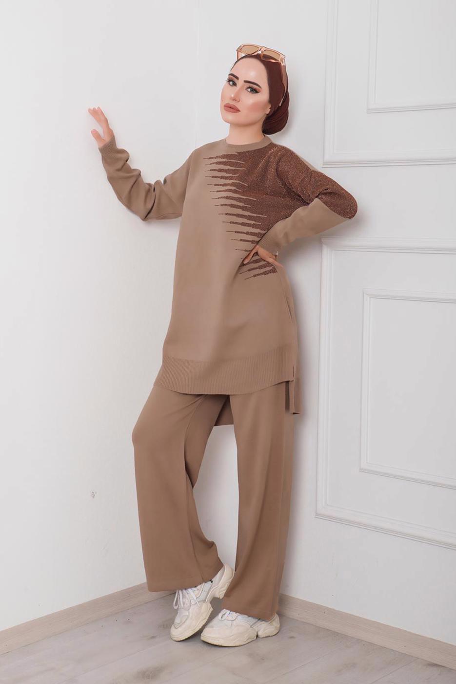 Tesettür giyim KAHVE DESENLİ 2&prime;Lİ TRİKO PANT. TAKIM 1712 