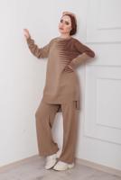 Tesettür giyim KAHVE DESENLİ 2&prime;Lİ TRİKO PANT. TAKIM 1712 