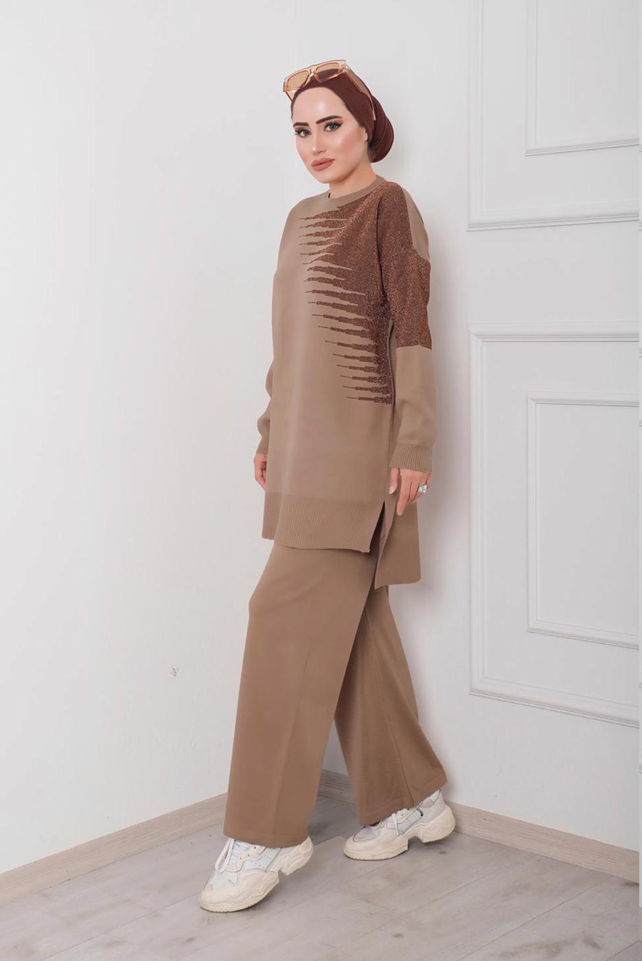 Tesettür giyim KAHVE DESENLİ 2&prime;Lİ TRİKO PANT. TAKIM 1712 