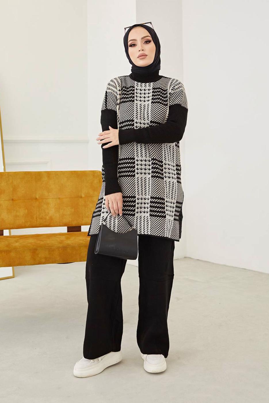 Vêtements hijab NOIR COSTUME PANTALON EN MAILLE 2 PIÈCES À CARREAUX 2002