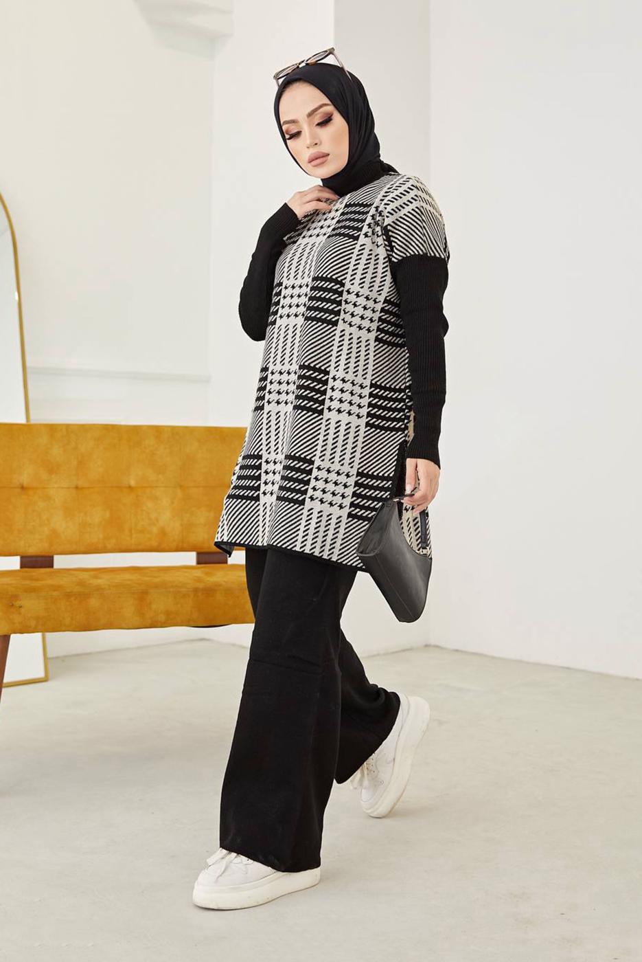 Vêtements hijab NOIR COSTUME PANTALON EN MAILLE 2 PIÈCES À CARREAUX 2002