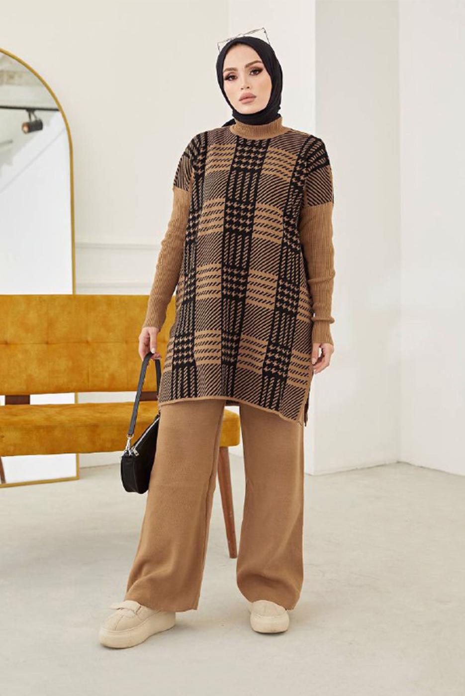 Vêtements hijab BRUN COSTUME PANTALON EN MAILLE 2 PIÈCES À CARREAUX 2002