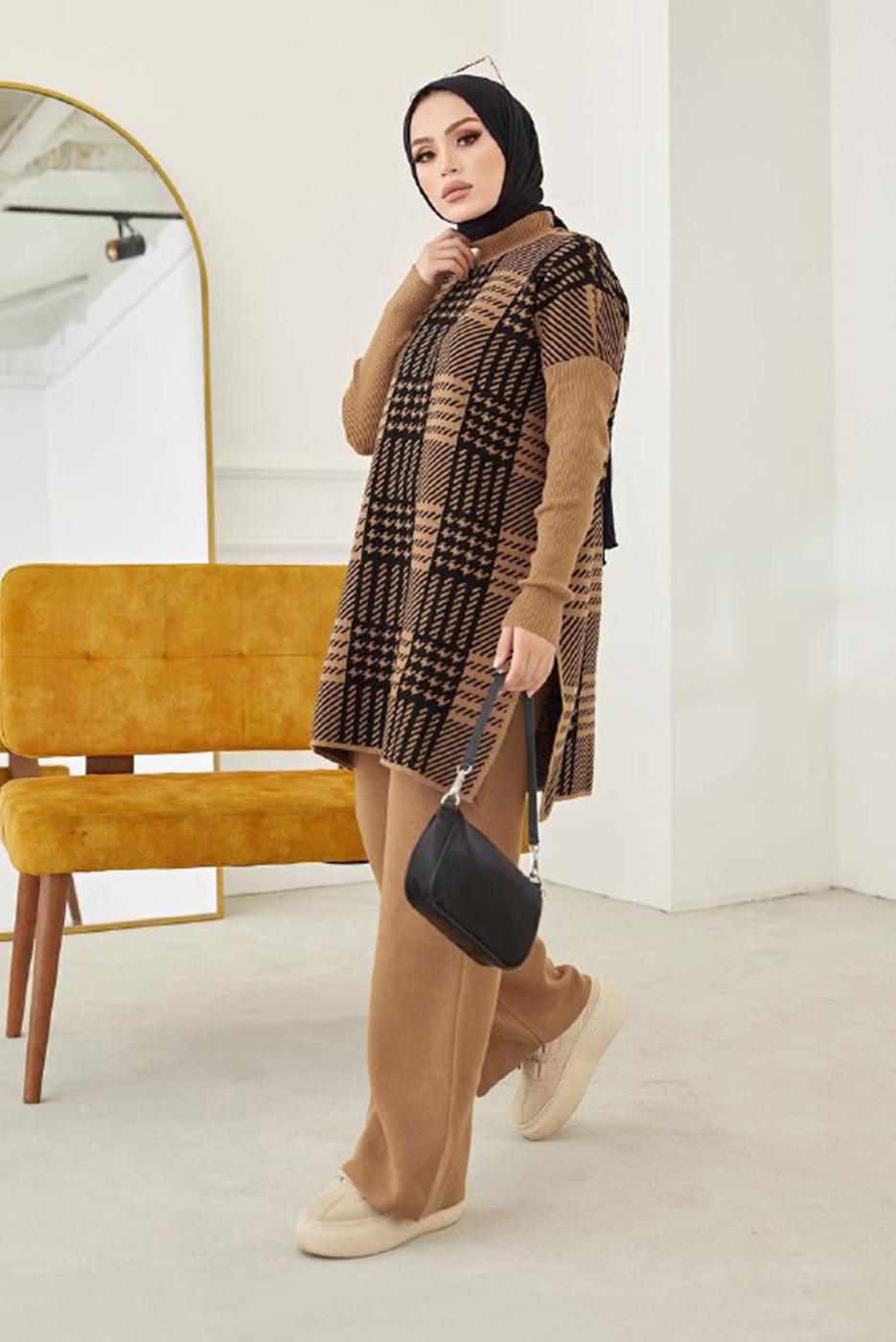 Vêtements hijab BRUN COSTUME PANTALON EN MAILLE 2 PIÈCES À CARREAUX 2002