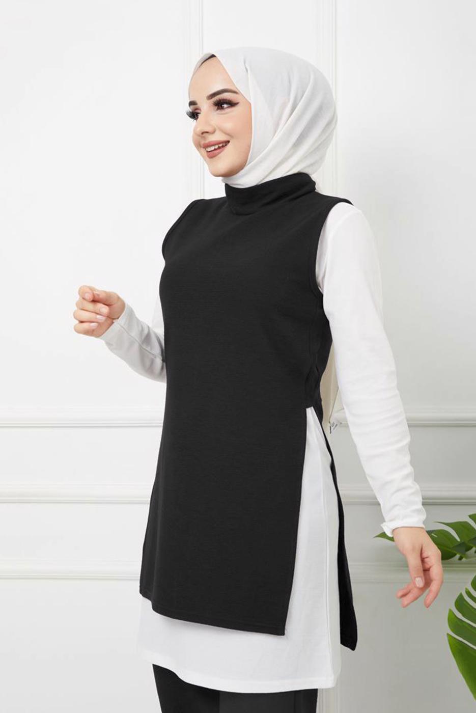 Tesettür giyim SİYAH YANLARI YIRTMAÇ DETAYLI İKİLİ PANT. TAKIM 2065 