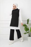 Tesettür giyim SİYAH YANLARI YIRTMAÇ DETAYLI İKİLİ PANT. TAKIM 2065 