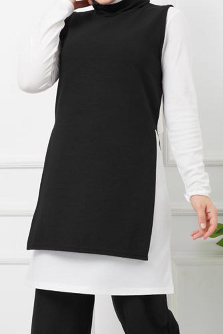 Tesettür giyim SİYAH YANLARI YIRTMAÇ DETAYLI İKİLİ PANT. TAKIM 2065 