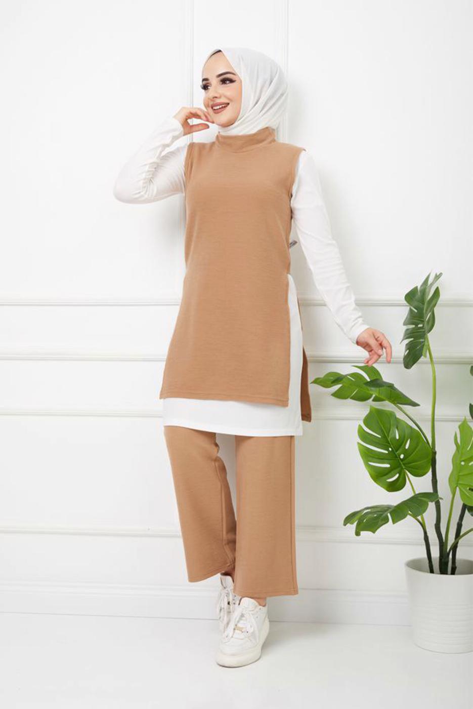 Tesettür giyim KAHVE YANLARI YIRTMAÇ DETAYLI İKİLİ PANT. TAKIM 2065 